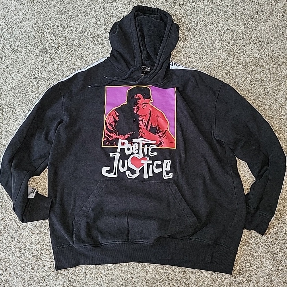 TUPAC SHAKUR Poetic Justice Black Hoodie Drawstring Front Pocket Size Large RARE